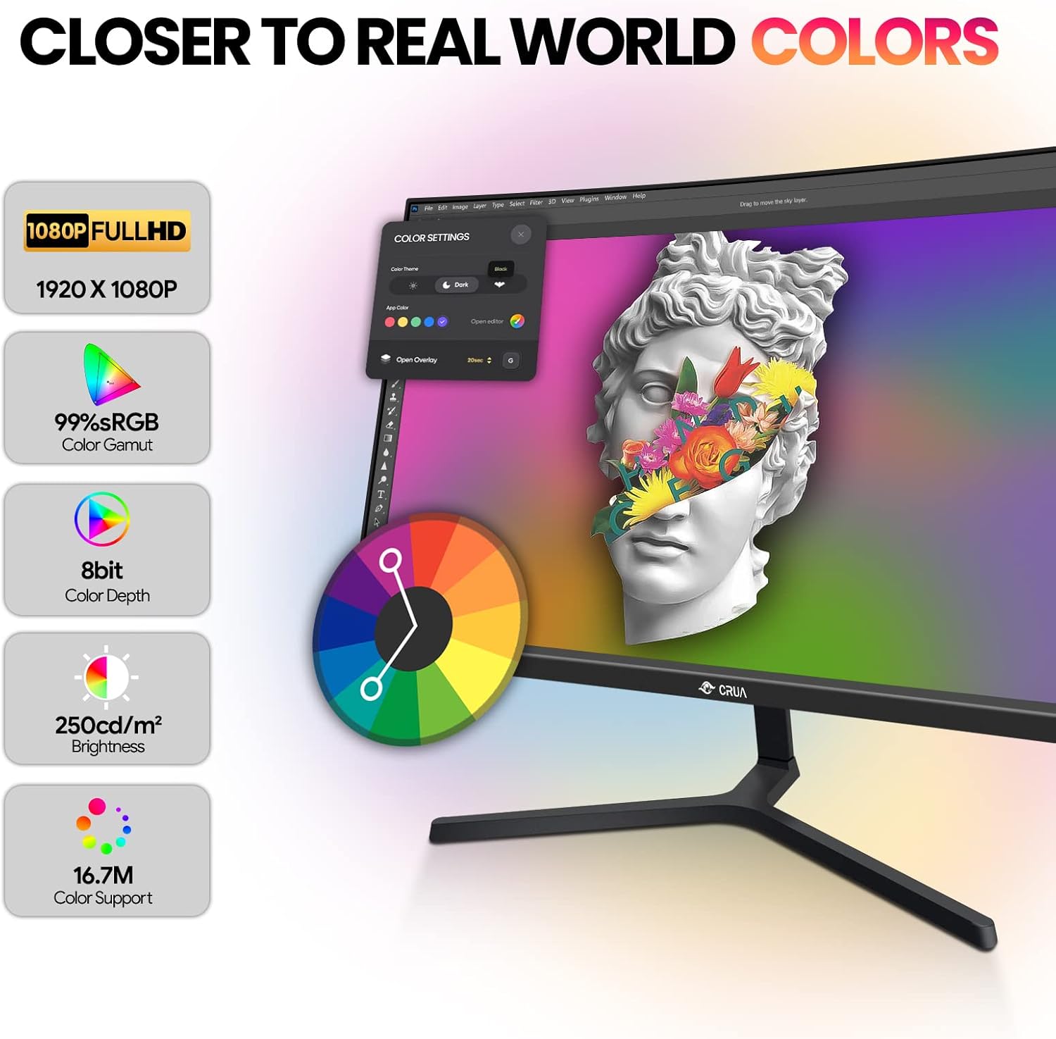 CRUA 24" Curved Monitor, FHD(1920×1080P) 100HZ, 99% sRGB Color Gamut Computer Monitors, Narrow Bezels on Three Sides, Blue Light Filter PC Monitor for Home, Office and Dormitory(HDMI, VGA)-Black