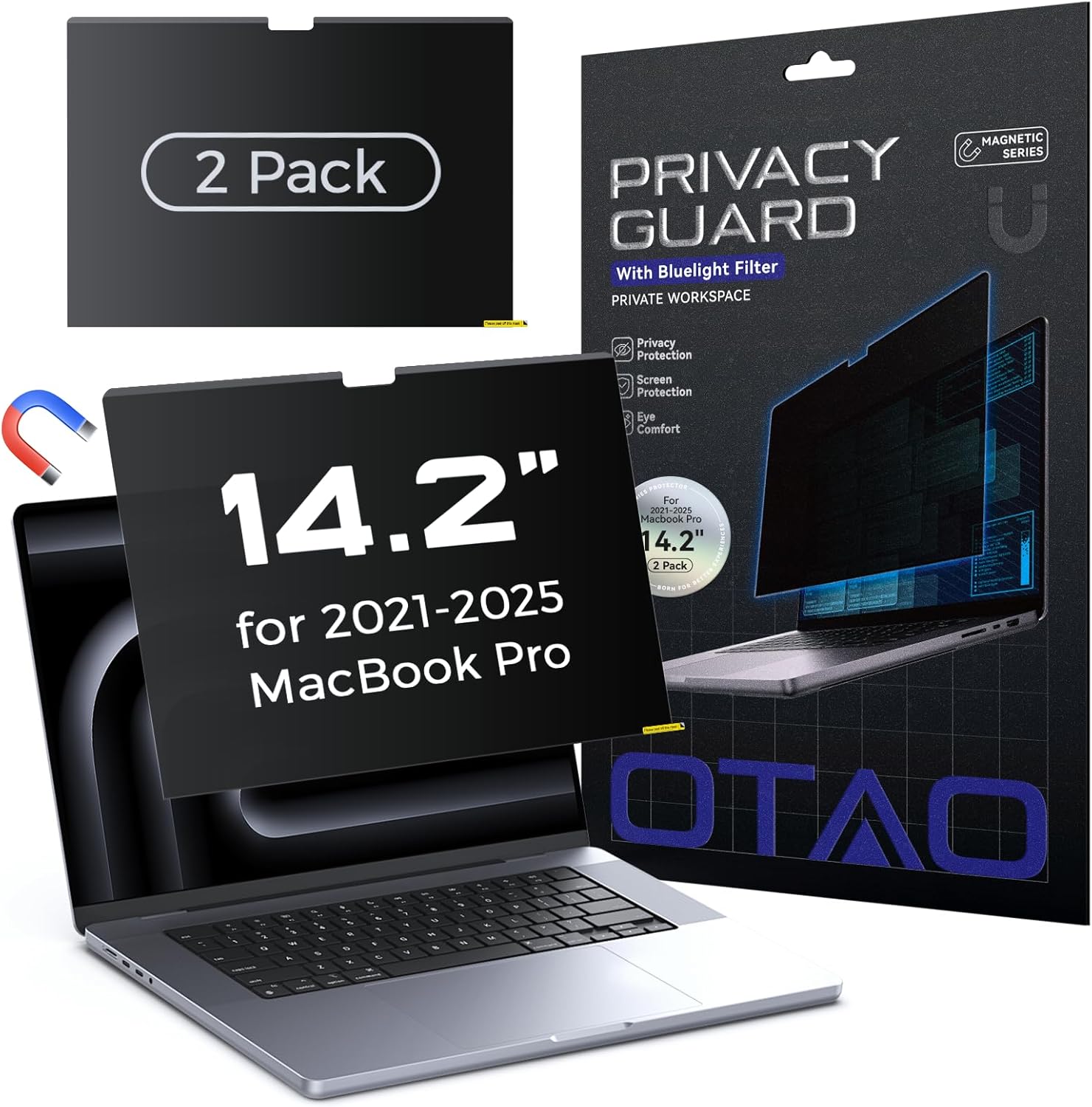 (2 Pack) Magnetic Privacy Screen for MacBook Pro 14 Inch (2021-2024, M1-M4, Pro, Max), Removable Washable Reusable Matte Anti Glare Blue Light Protector Private Security Filter for 14" Mac Laptop
