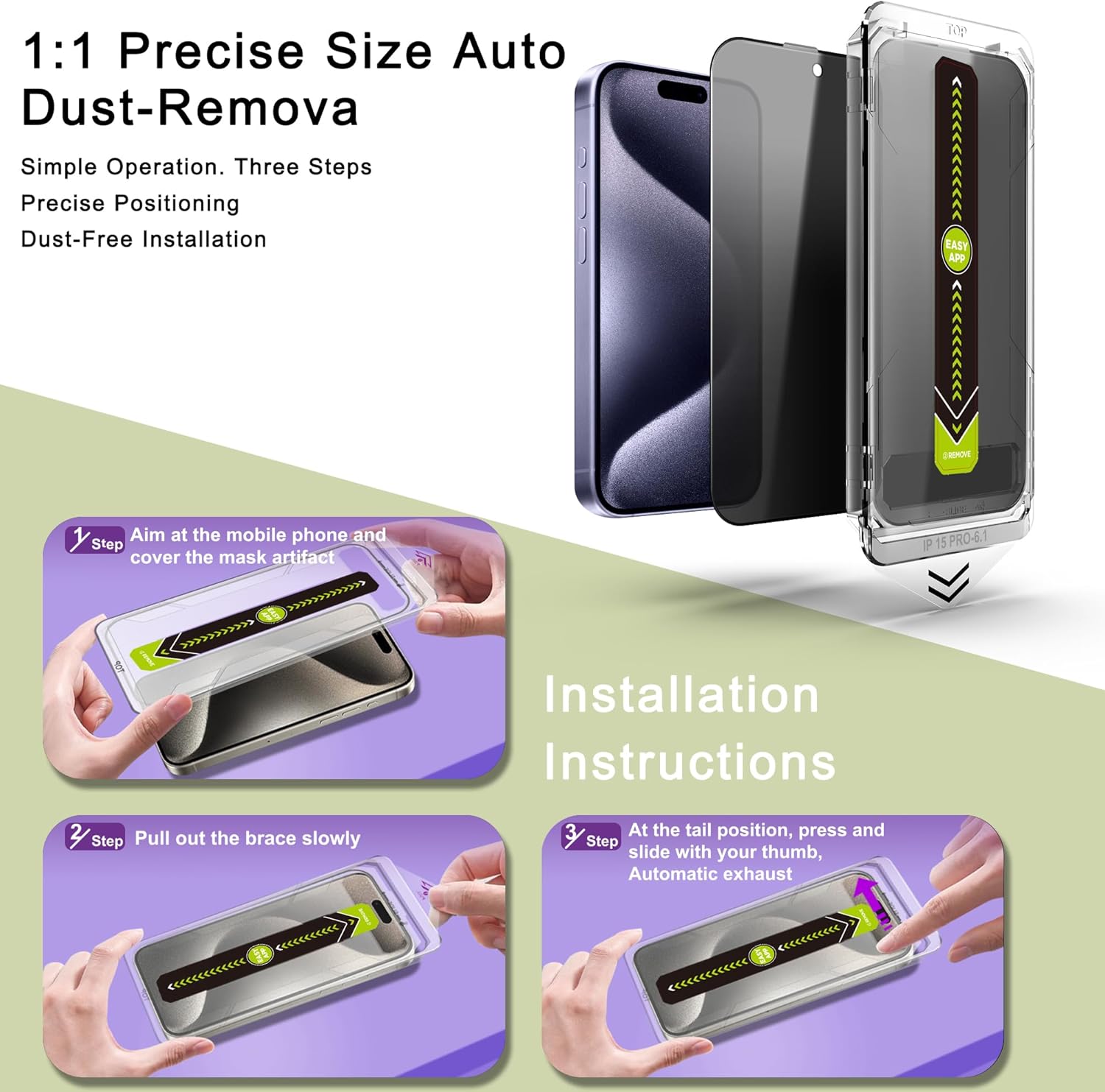 (2-Pack Anti-Spy Privacy Screen Protector for iPhone 15 Pro (6.1-Inch),9H Tempered Glass,Full Coverage,Anti-Fingerprint,Auto Dust Removal,Bubble-Free,Easy Installation