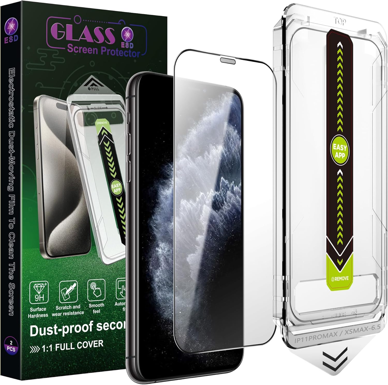 (2-Pack Ultra HD Clear Screen Protector for iPhone 11 Pro Max/XS Max (6.5-Inch),9H Tempered Glass,Full Coverage,Anti-Fingerprint,Auto Dust Removal,Bubble-Free,Easy Installation