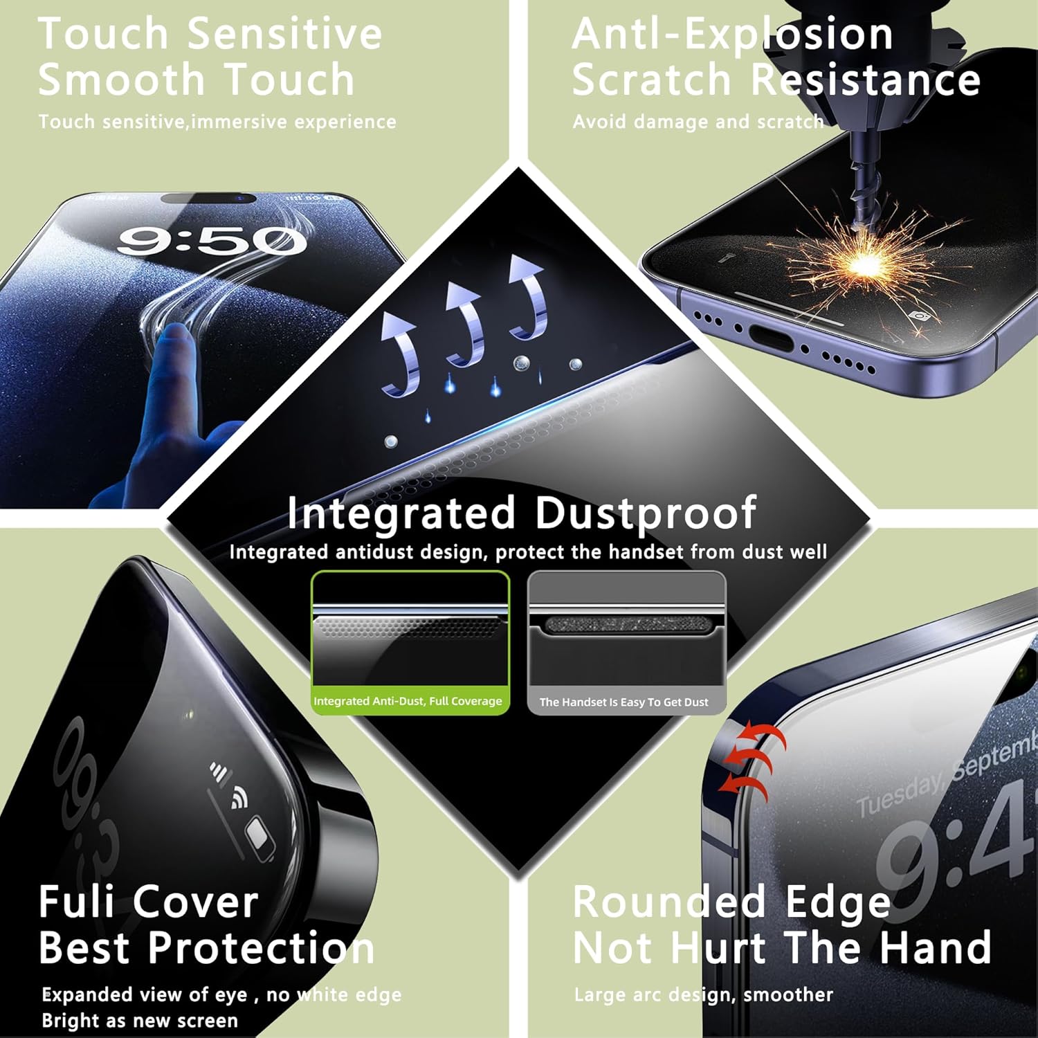 (2-Pack Matte Privacy Anti-Spy Screen Protector for iPhone 16 Pro (6.3-Inch),9H Tempered Glass,Anti-Glare,Full Coverage,Anti-Fingerprint,Auto Dust Removal,Bubble-Free