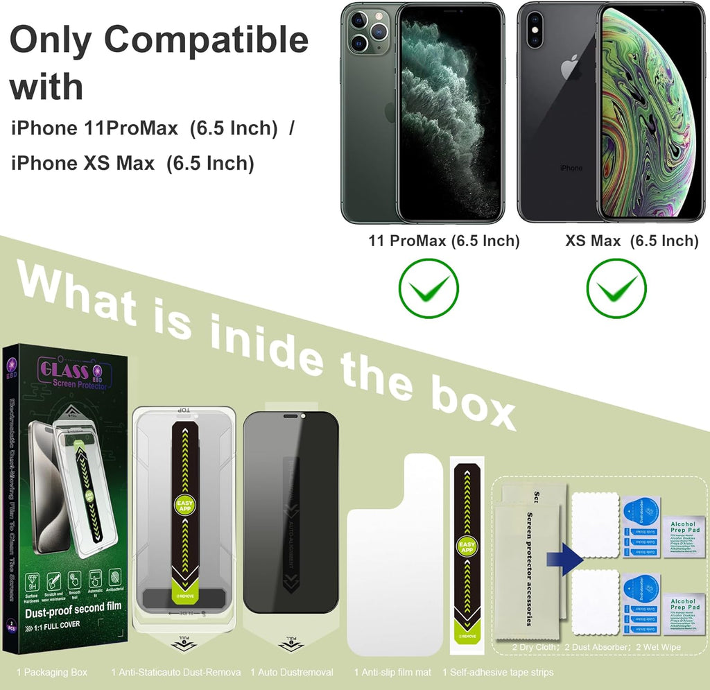 (2-Pack Anti-Spy Privacy Screen Protector for iPhone 11 Pro Max/XS Max(6.5-Inch),9H Tempered Glass,Full Coverage,Anti-Fingerprint,Auto Dust Removal,Bubble-Free,Easy Installation