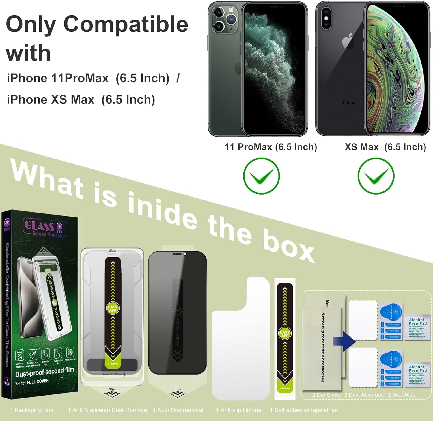 (2-Pack Anti-Spy Privacy Screen Protector for iPhone 11 Pro Max/XS Max(6.5-Inch),9H Tempered Glass,Full Coverage,Anti-Fingerprint,Auto Dust Removal,Bubble-Free,Easy Installation